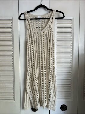 Boho Open Knit Sleeveless Duster Cover Up Cream Beach Sweater Vest Large